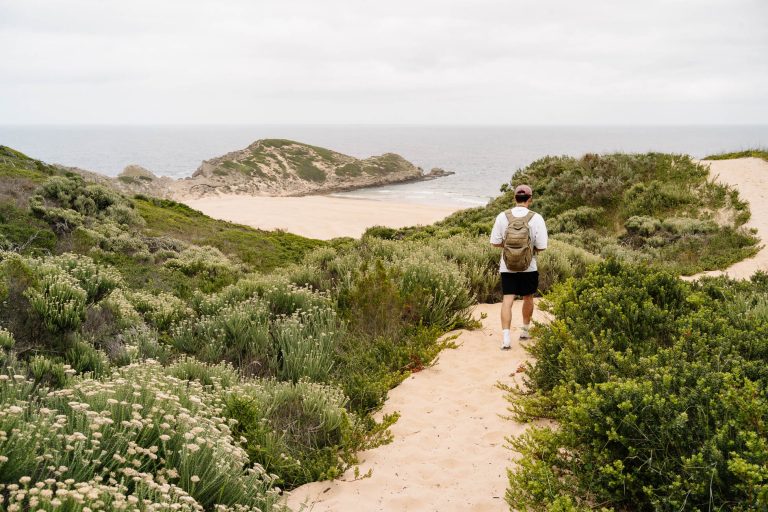 ein junger Mann wandert im Robberg Nature Reserve in Plettenberg Bay, Südafrika